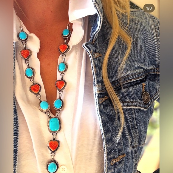 Navajo Betta Lee Spiny Oyster & Turquoise Heart SS Lariat & Earrings Set - Picture 8 of 8